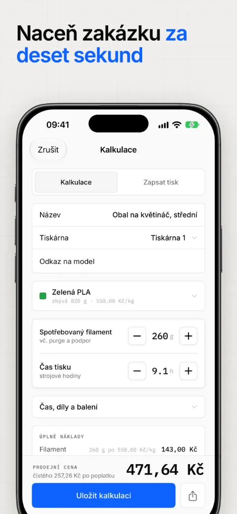 Naceň zakázku za deset sekund, s náklady rozepsanými po položkách