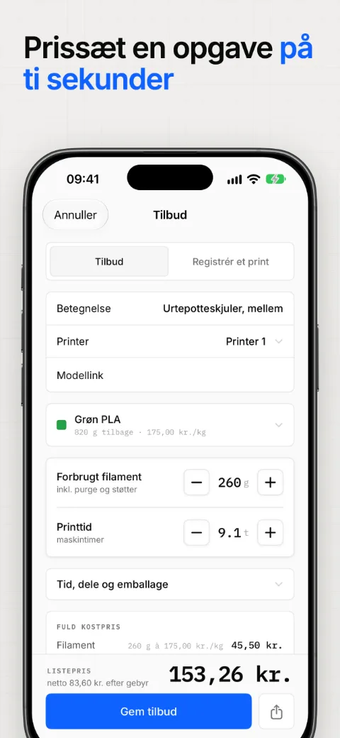 Prissæt en opgave på ti sekunder, med kostprisen specificeret
