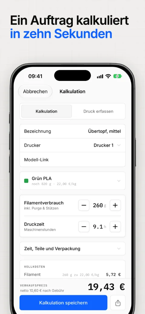 Ein Auftrag kalkuliert in zehn Sekunden, mit aufgeschlüsselten Selbstkosten