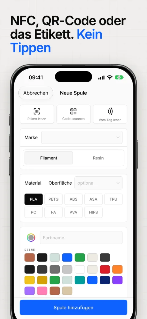 Eine Spule per NFC-Tag, QR-Code oder Etikett anlegen, ohne zu tippen