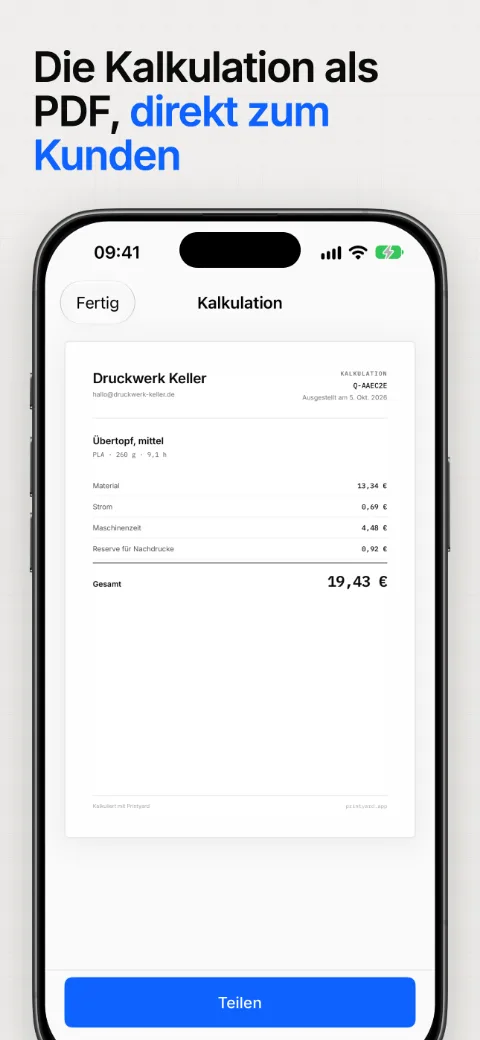 Die Kalkulation als PDF direkt an den Kunden