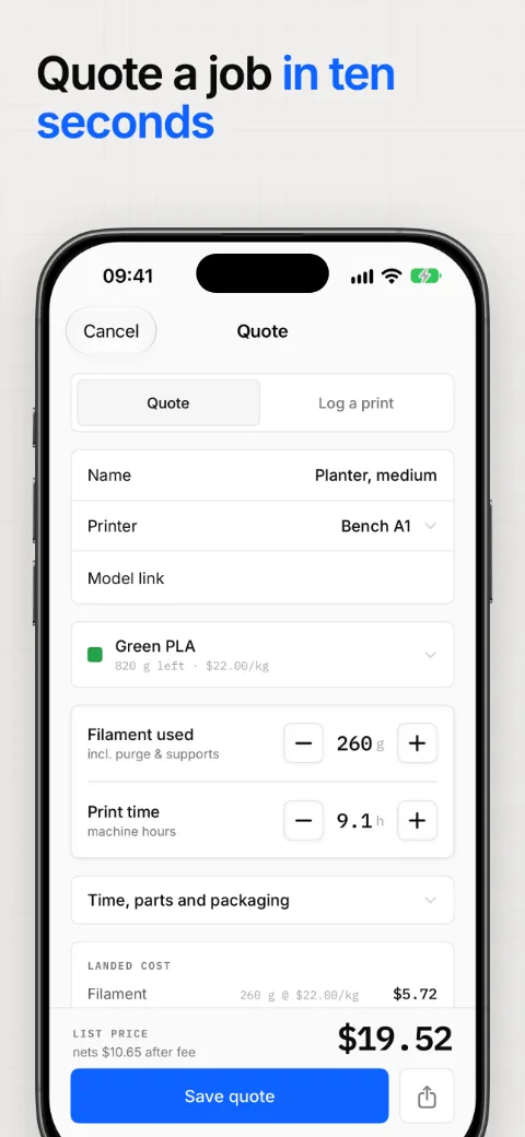 Quote a job in ten seconds, with an itemised landed cost