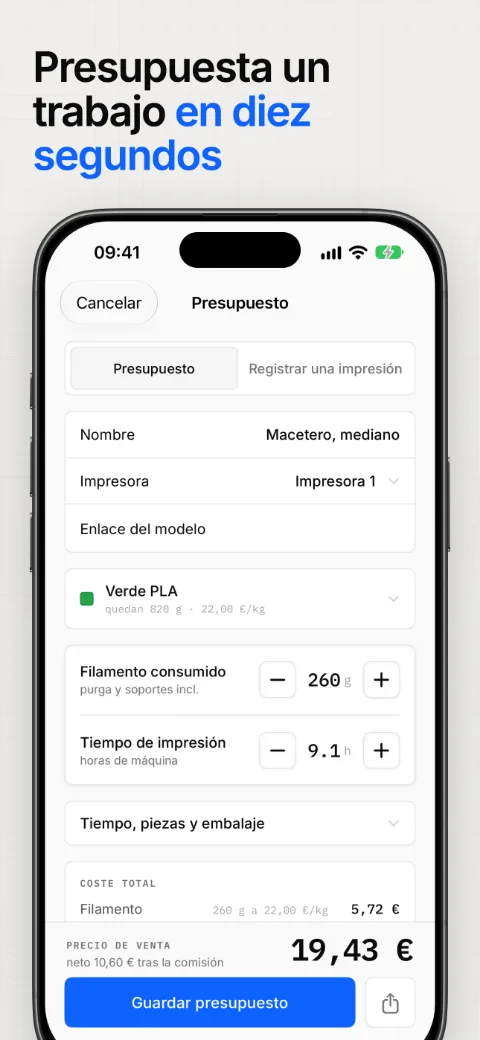 Presupuesta un trabajo en diez segundos, con el coste desglosado