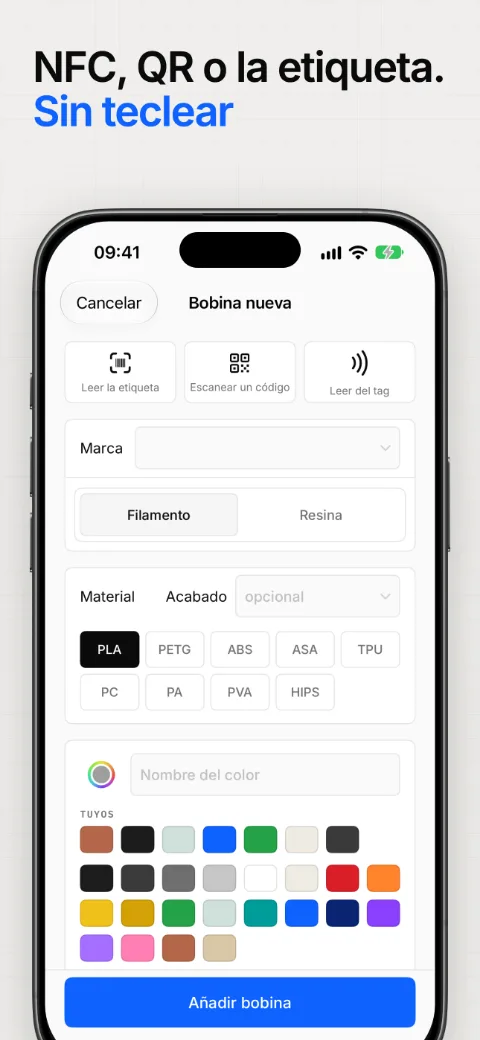 Añade una bobina con su etiqueta NFC, un código QR o la etiqueta impresa, sin teclear