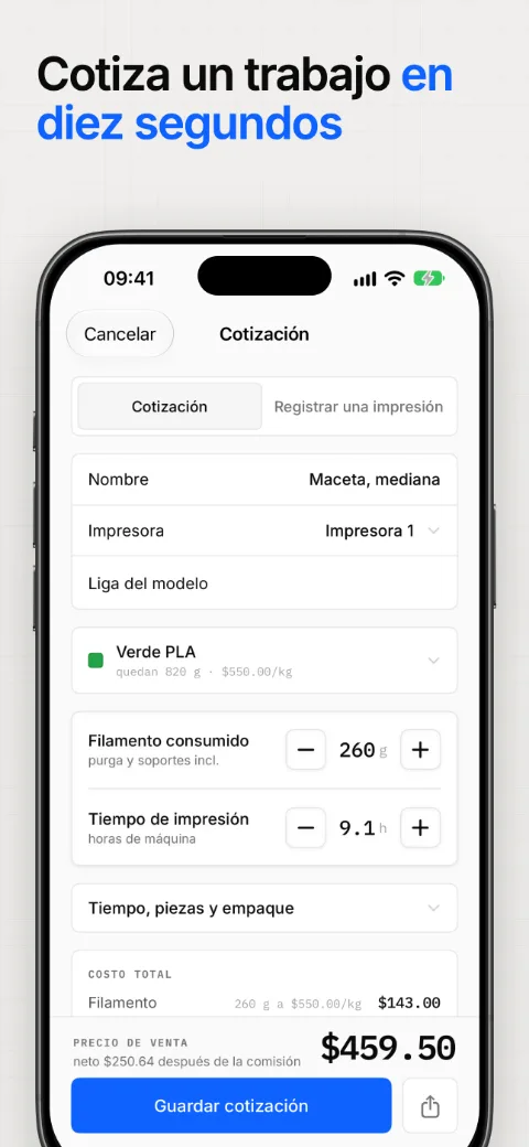 Cotiza un trabajo en diez segundos, con el costo desglosado