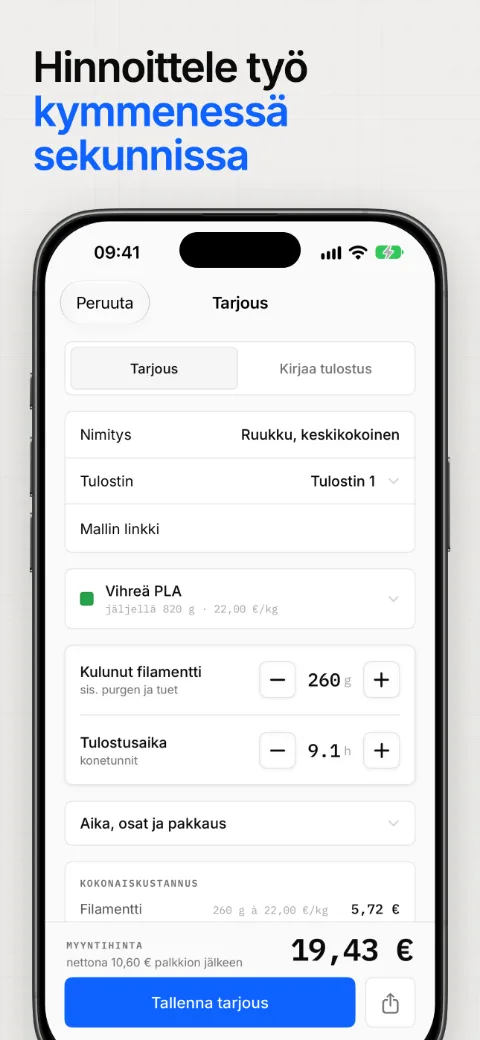 Hinnoittele työ kymmenessä sekunnissa, omakustannus eriteltynä