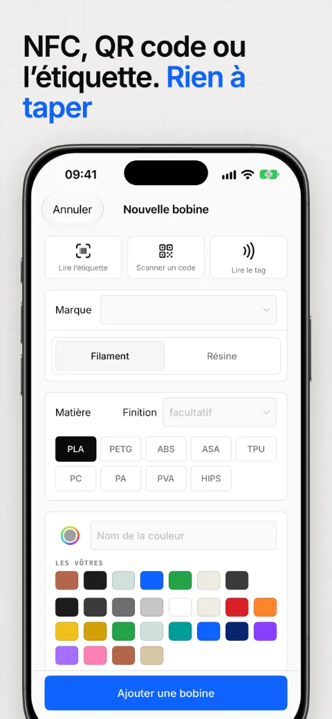 Ajoutez une bobine par son tag NFC, un QR code ou l’étiquette, sans rien taper