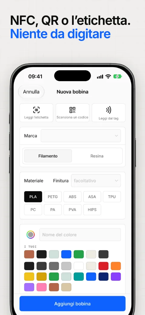 Aggiungi una bobina dal tag NFC, da un codice QR o dall’etichetta, senza digitare