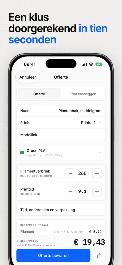 Een klus doorgerekend in tien seconden, met een uitgesplitste kostprijs