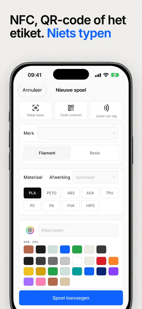 Voeg een spoel toe via de NFC-tag, een QR-code of het etiket, zonder te typen