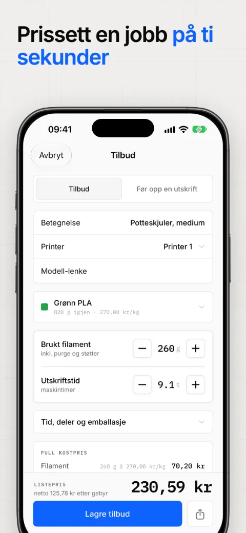Prissett en jobb på ti sekunder, med selvkostnaden spesifisert