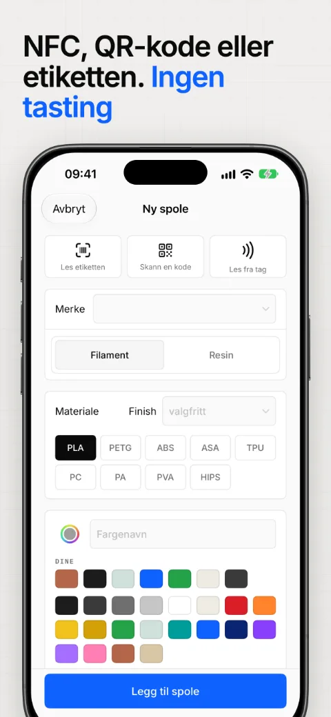 Legg til en spole med NFC-brikke, QR-kode eller etiketten uten å taste