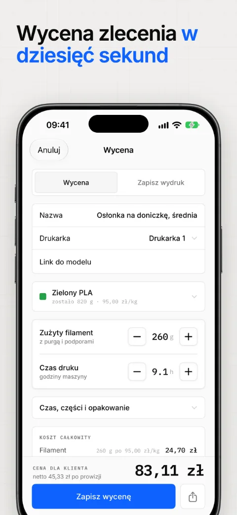 Wycena zlecenia w dziesięć sekund, z kosztem rozpisanym na pozycje