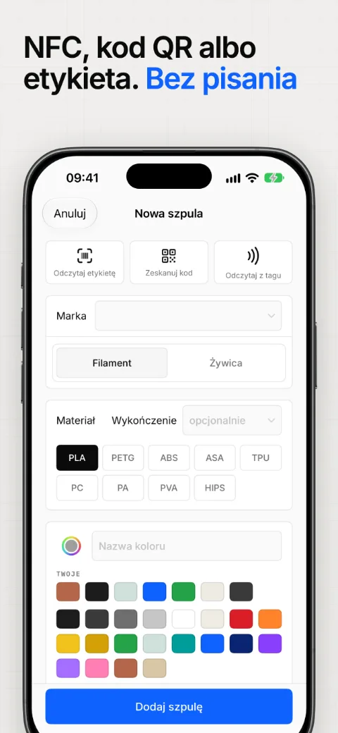 Dodaj szpulę przez tag NFC, kod QR albo etykietę, bez pisania
