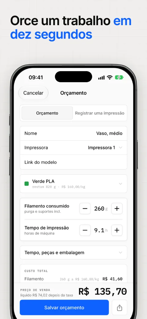 Orce um trabalho em dez segundos, com o custo detalhado