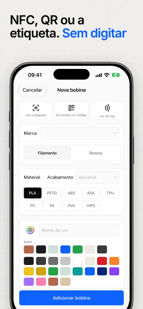 Adicione uma bobina pela tag NFC, por um código QR ou pela etiqueta, sem digitar