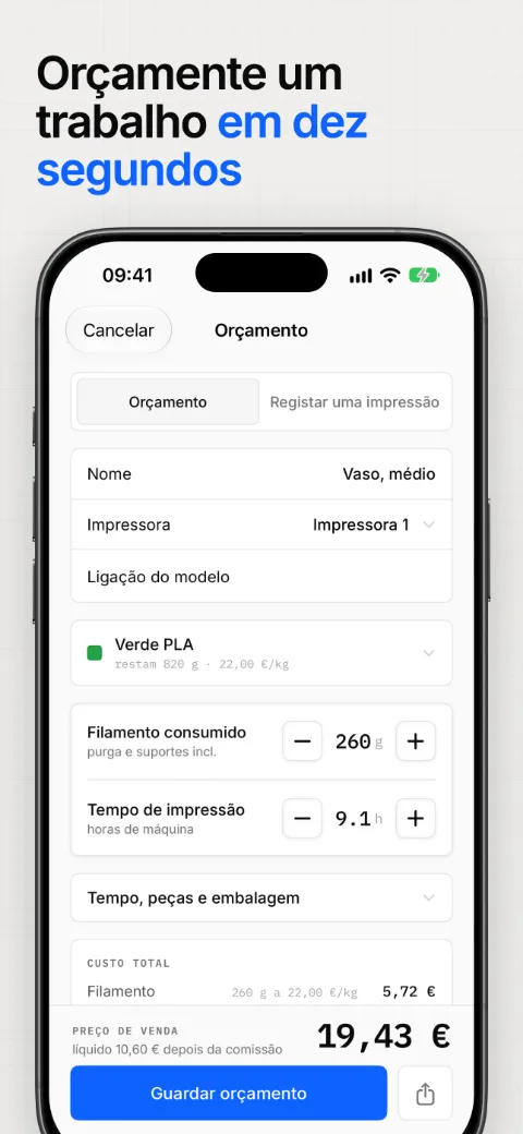 Orçamente um trabalho em dez segundos, com o custo discriminado