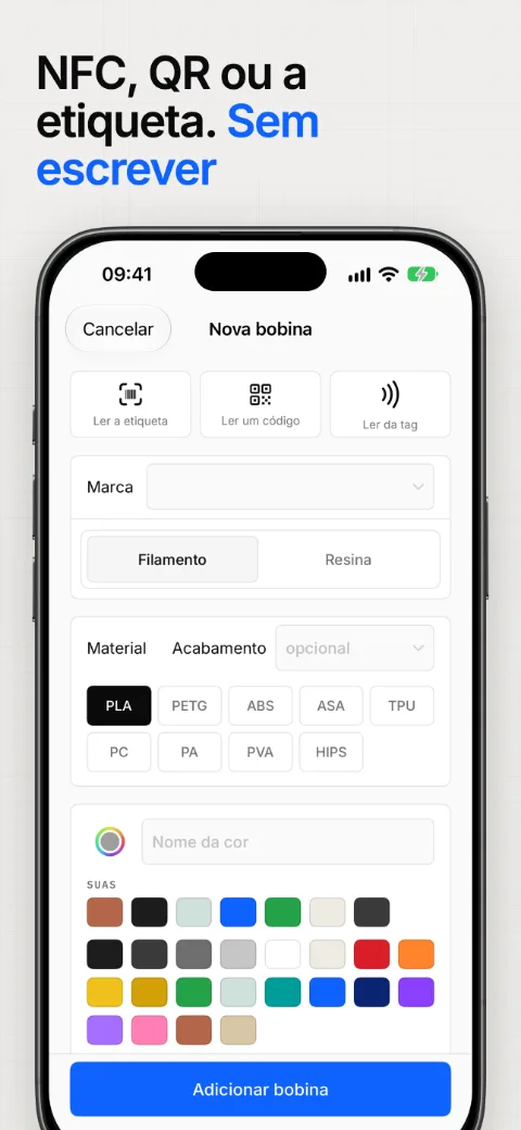 Adicione uma bobina pela tag NFC, por um código QR ou pela etiqueta, sem escrever