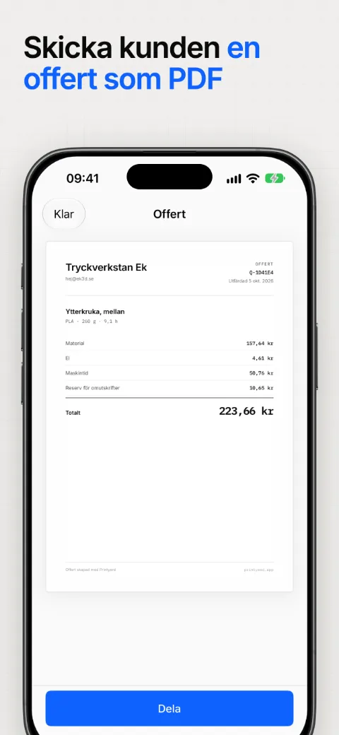 Skicka offerten till kunden som PDF