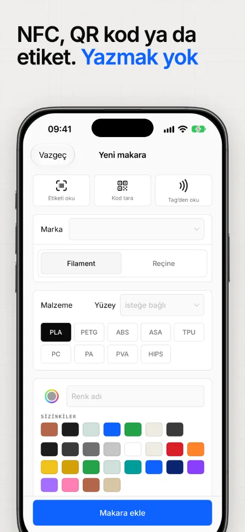 Makarayı NFC etiketi, QR kod ya da etiketle ekle, yazmadan